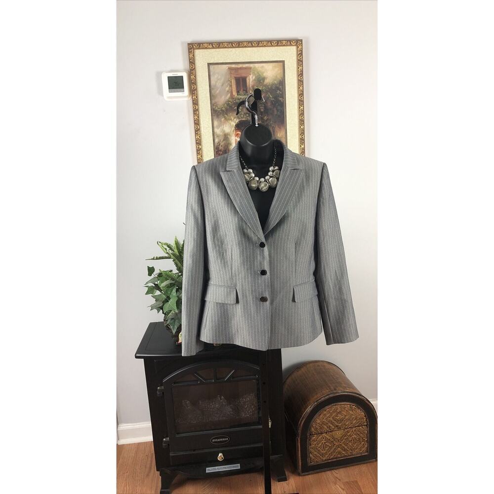 STRESA ASL Women's Blazer Button Gray Stripe 12P Jacket Long Sleeve‎ Open Front